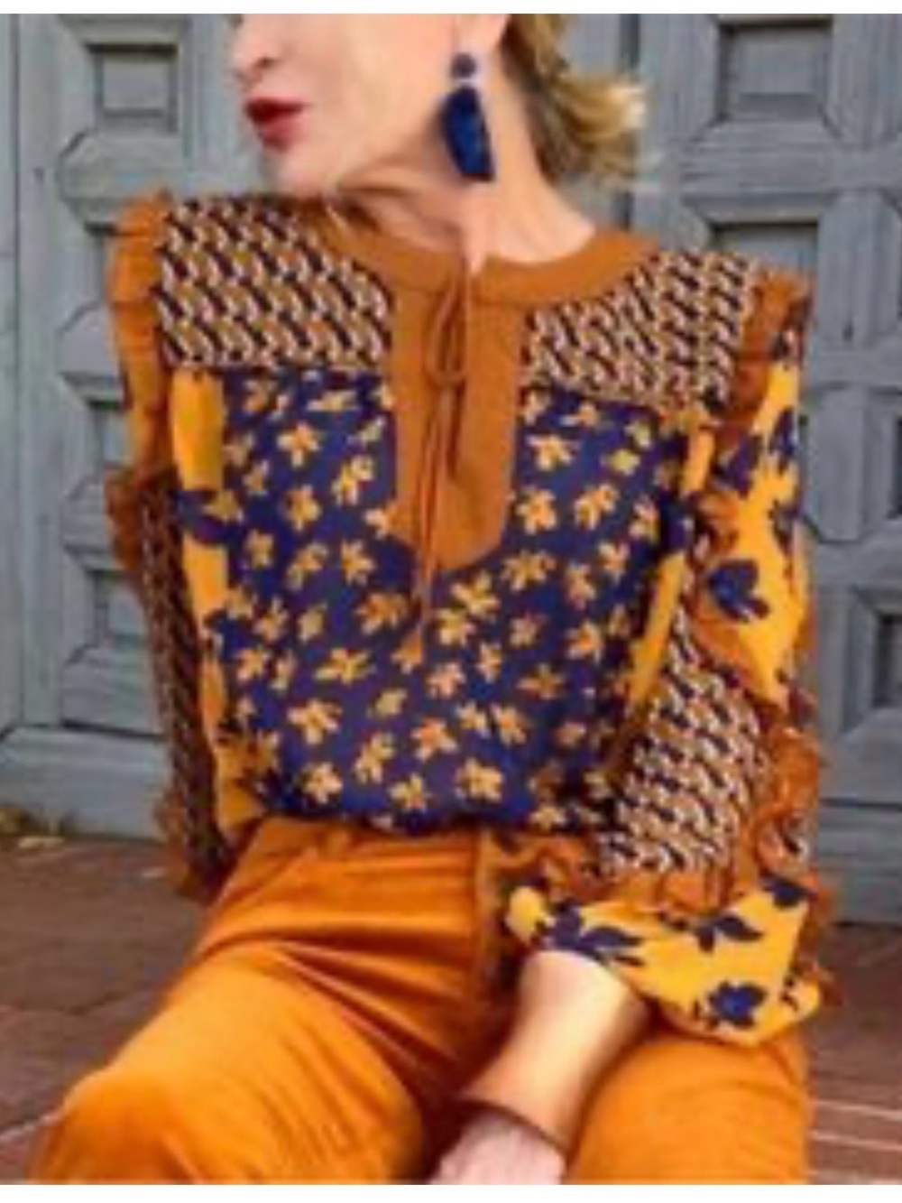 Cabi XS Harmony mustard-navy mix floral lightweight ruffle balloon sleeve blouse